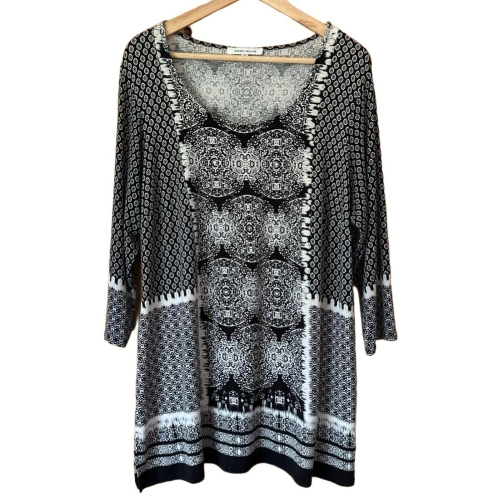 Rose+Olive patchwork black scarf print 3/4 sleeve scoop neck tunic plus size 1X